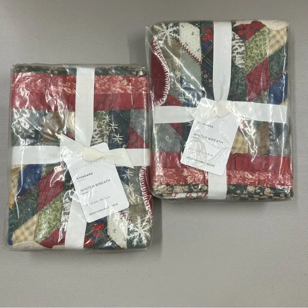 2 Pottery Barn Winter Wreath Quilted Standard Pillow Sham Covers Velvet NWT